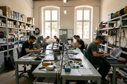 Vue d'ensemble d'un atelier de réparation informatique en Provence-Alpes-Côte d'Azur avec des techniciens au travail