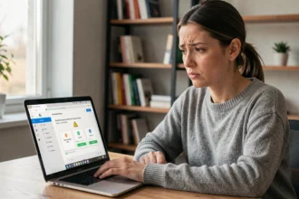 Femme frustrée devant son ordinateur portable affichant un gestionnaire de mots de passe Chrome avec un message d'erreur après une mise à jour