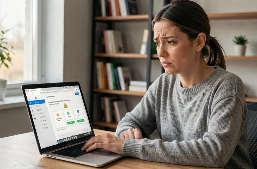 Femme frustrée devant son ordinateur portable affichant un gestionnaire de mots de passe Chrome avec un message d'erreur après une mise à jour
