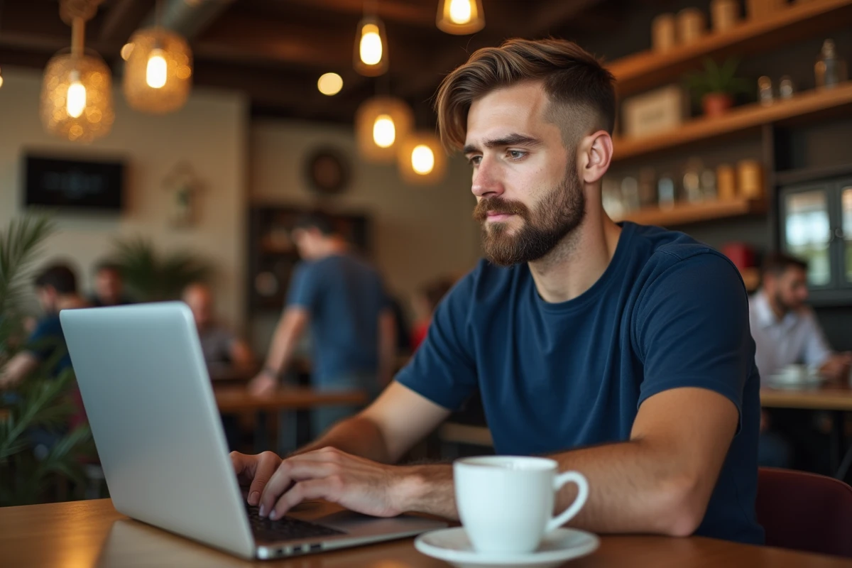 Homme utilisant un navigateur privé sur son ordinateur portable dans un café pour télécharger des vidéos discrètement