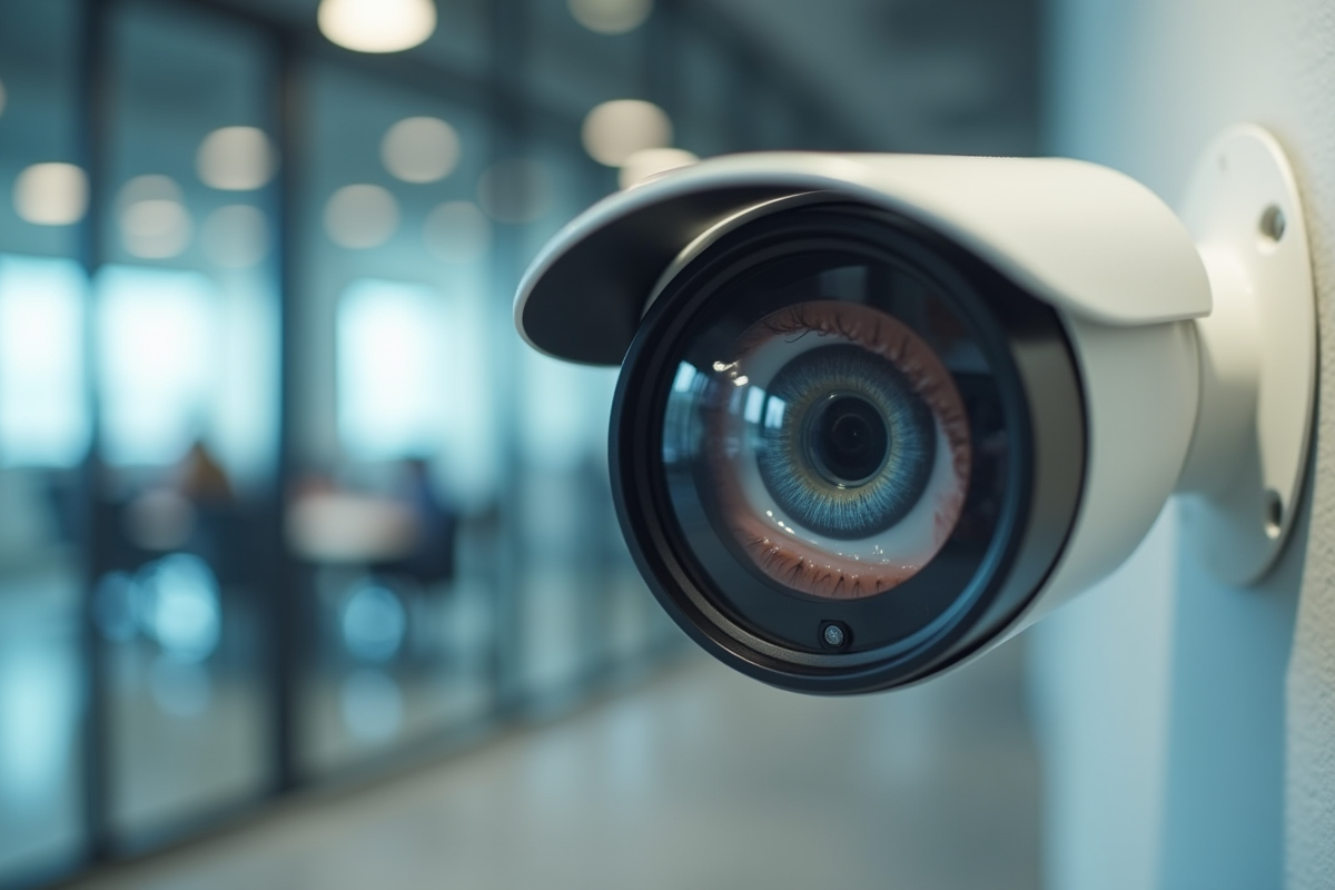 Objectif de caméra de sécurité reflétant un regard prudent dans un bureau lumineux