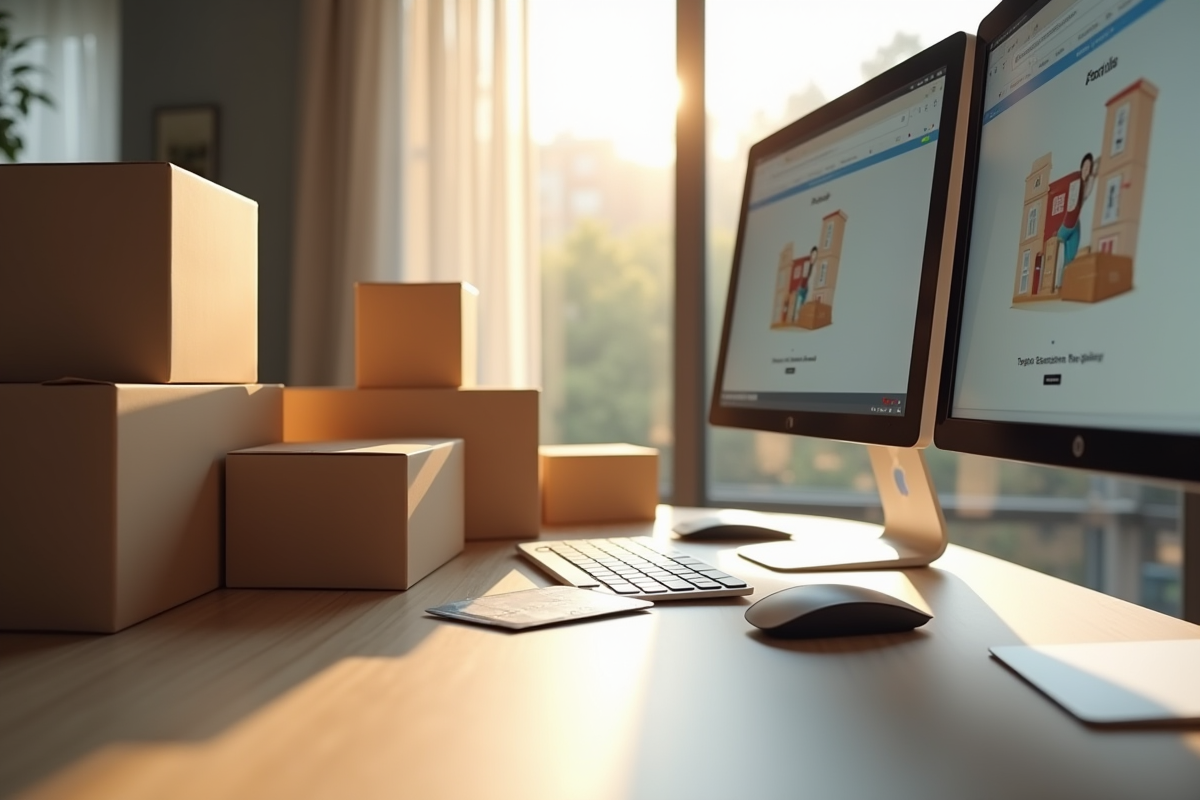 Espace de travail avec colis et site sécurisé de shopping