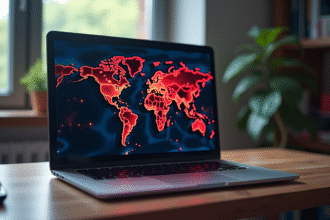 Ordinateur portable sur bureau en bois avec carte du monde et points rouges