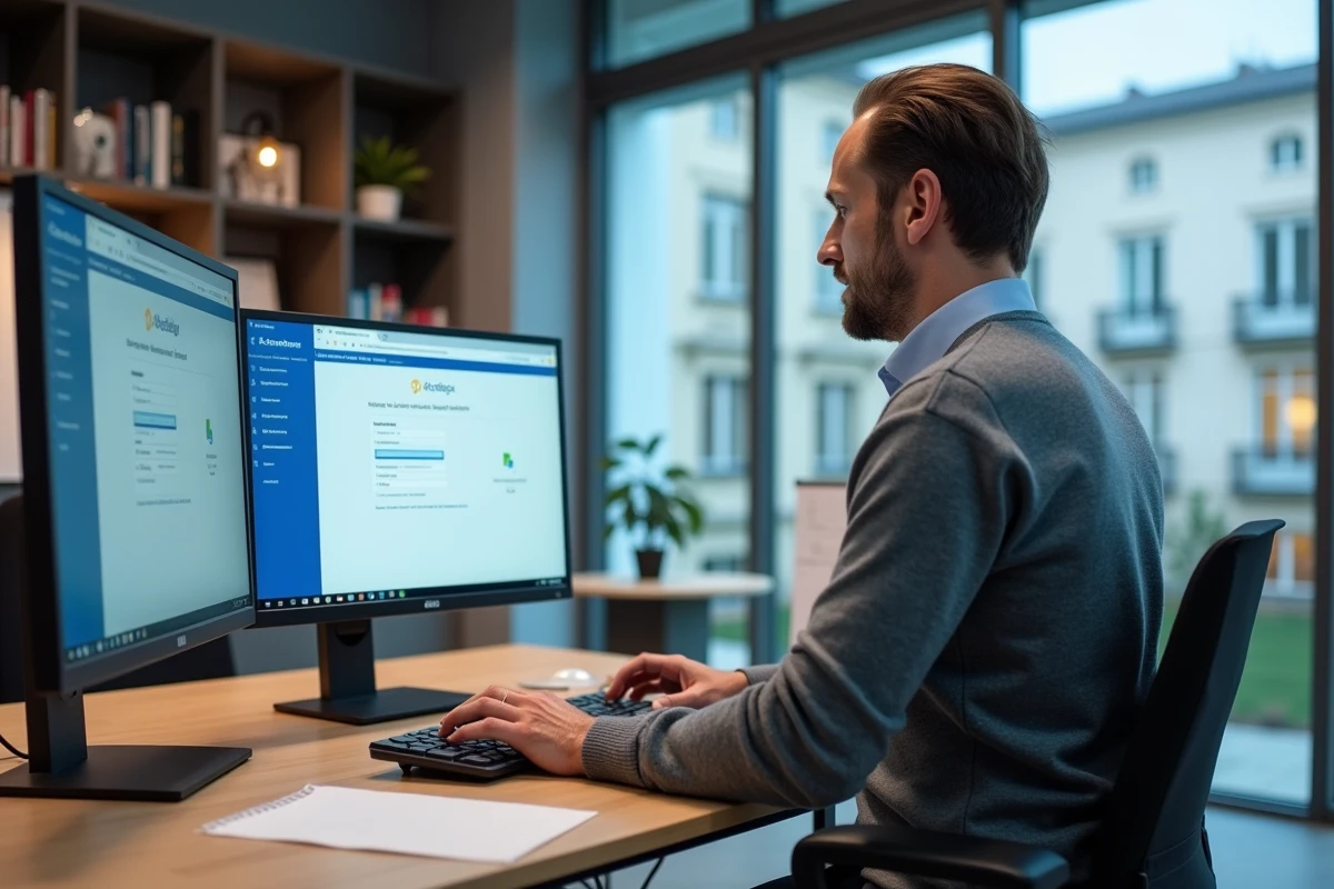 Enseignant configurant la réception des mails Outlook avec le webmail académique de Grenoble sur deux écrans de bureau