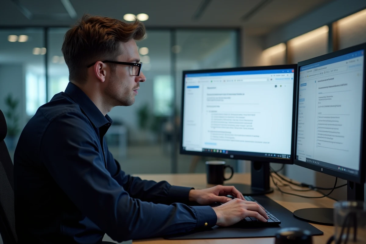 Homme paramétrant Thunderbird avec les réglages IMAP du webmail ia72 dans un bureau professionnel