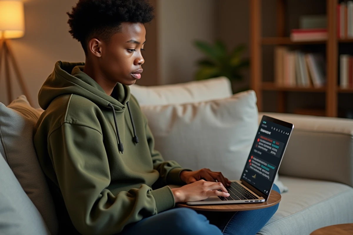 Jeune personne en hoodie personnalisant ses raccourcis clavier flèche sur un ordinateur portable depuis son canapé