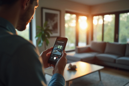 Personne utilisant un smartphone pour détecter des caméras cachées dans un salon lumineux