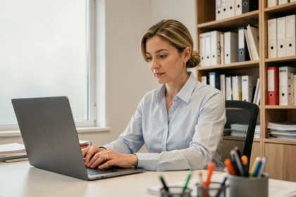Femme administrative tapant un email sur son ordinateur portable dans un bureau de l'administration publique
