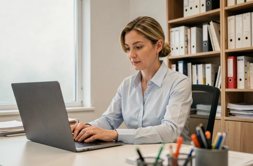 Femme administrative tapant un email sur son ordinateur portable dans un bureau de l'administration publique