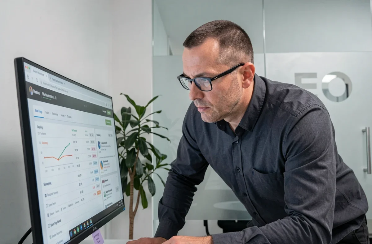 Stratège SEO de PRESEO analysant des graphiques de positionnement sur moteur de recherche dans son bureau professionnel