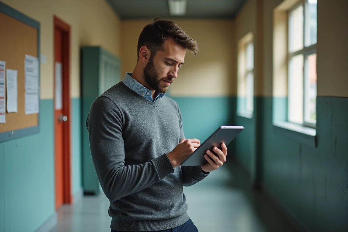 Professeur consultant sa messagerie académique de Bordeaux sur une tablette dans un couloir scolaire