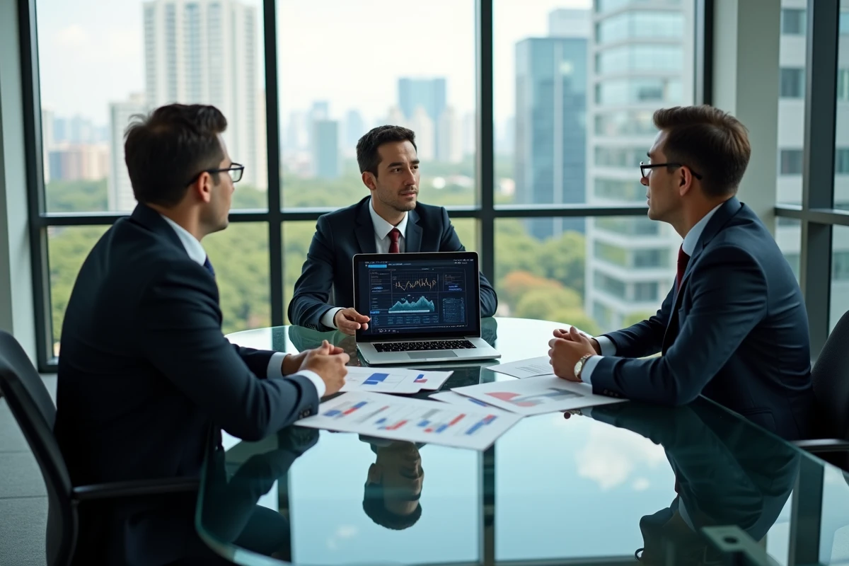 Équipe de professionnels analysant des rapports sur l'investissement en informatique quantique en salle de réunion