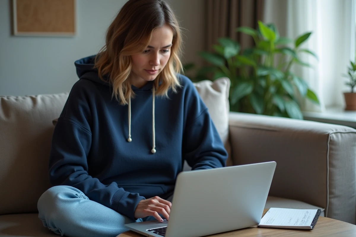 Jeune femme assise sur un canapé suivant ses progrès de vitesse de clic par seconde sur un ordinateur portable avec un carnet