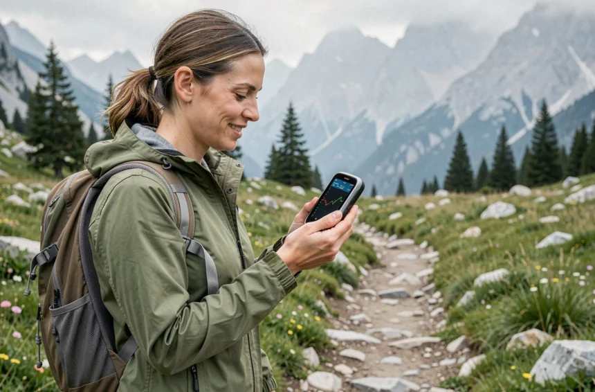 Randonneuse consultant un GPS avec trace GPX sur un sentier de montagne