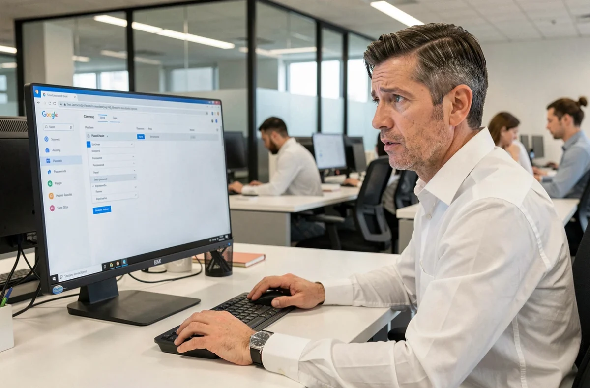 Homme en bureau consultant les paramètres de mots de passe enregistrés dans Google Chrome sur un ordinateur de bureau