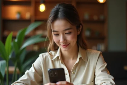 Jeune femme consultant anonymement des stories Instagram sur son iPhone dans un café