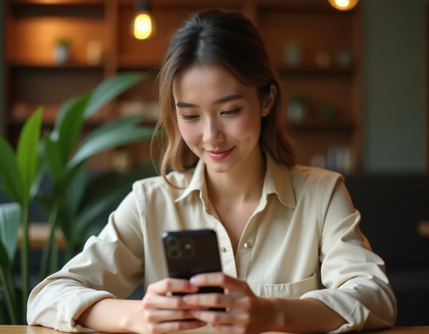 Jeune femme consultant anonymement des stories Instagram sur son iPhone dans un café