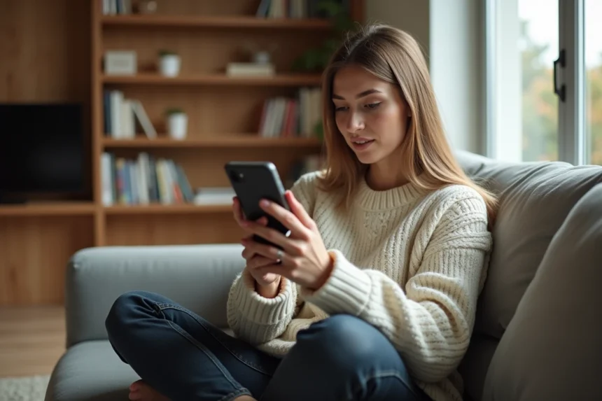Jeune femme consultant anonymement une story Instagram sur son smartphone dans un salon moderne