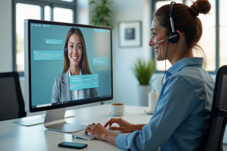 Représentant service client avec chatbot sur ordinateur