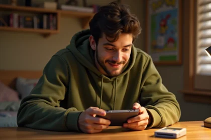 Jeune homme tenant une Game Boy Advance SP avec une cartouche Pokémon posée sur un bureau en bois rétro