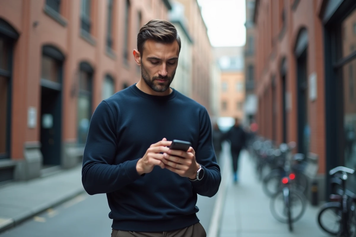 Homme en ville enregistrant une story Instagram sur son téléphone en milieu urbain