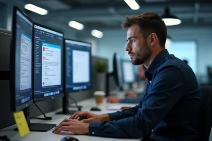 Responsable informatique analysant un mail de phishing sur son poste de travail en entreprise