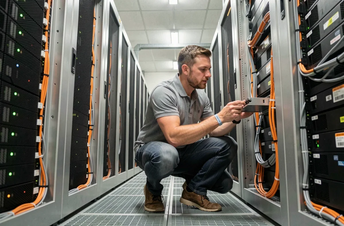 Technicien inspectant un rack de serveurs dans un centre de données pour hébergement web professionnel