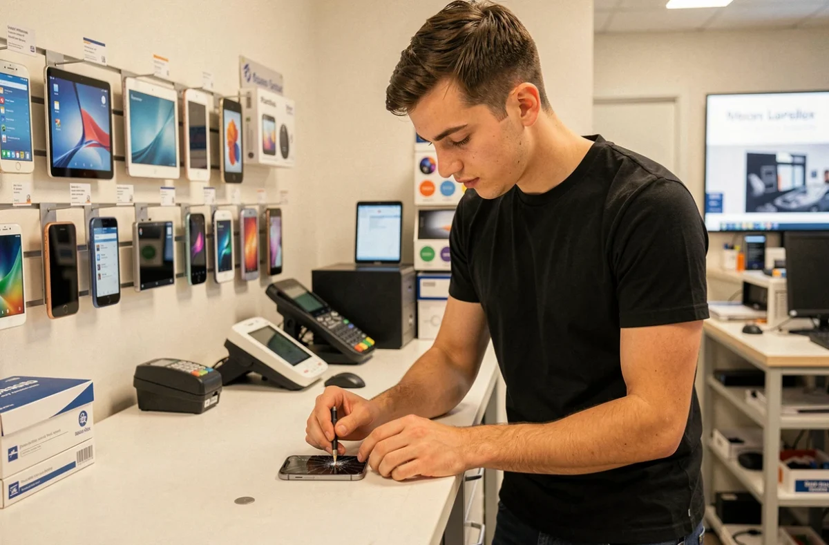 Technicien de Smart Mobile remplaçant l'écran d'un smartphone dans sa boutique à Mouans-Sartoux