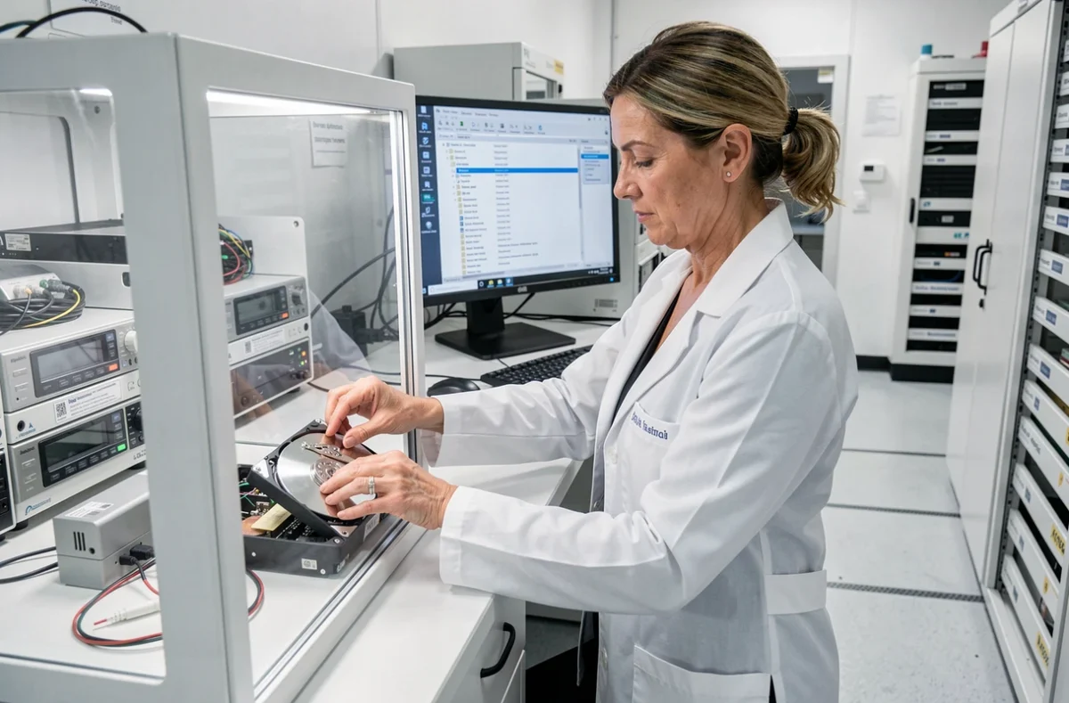 Spécialiste de Stress Less Consulting récupérant des données sur un disque dur dans une salle propre à Grasse