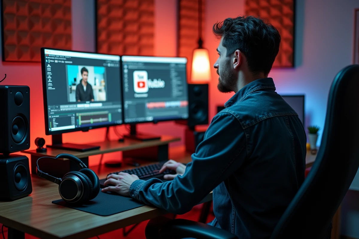 Homme dans un studio d'enregistrement maison effectuant une conversion de fichier audio YouTube vers le format WAV