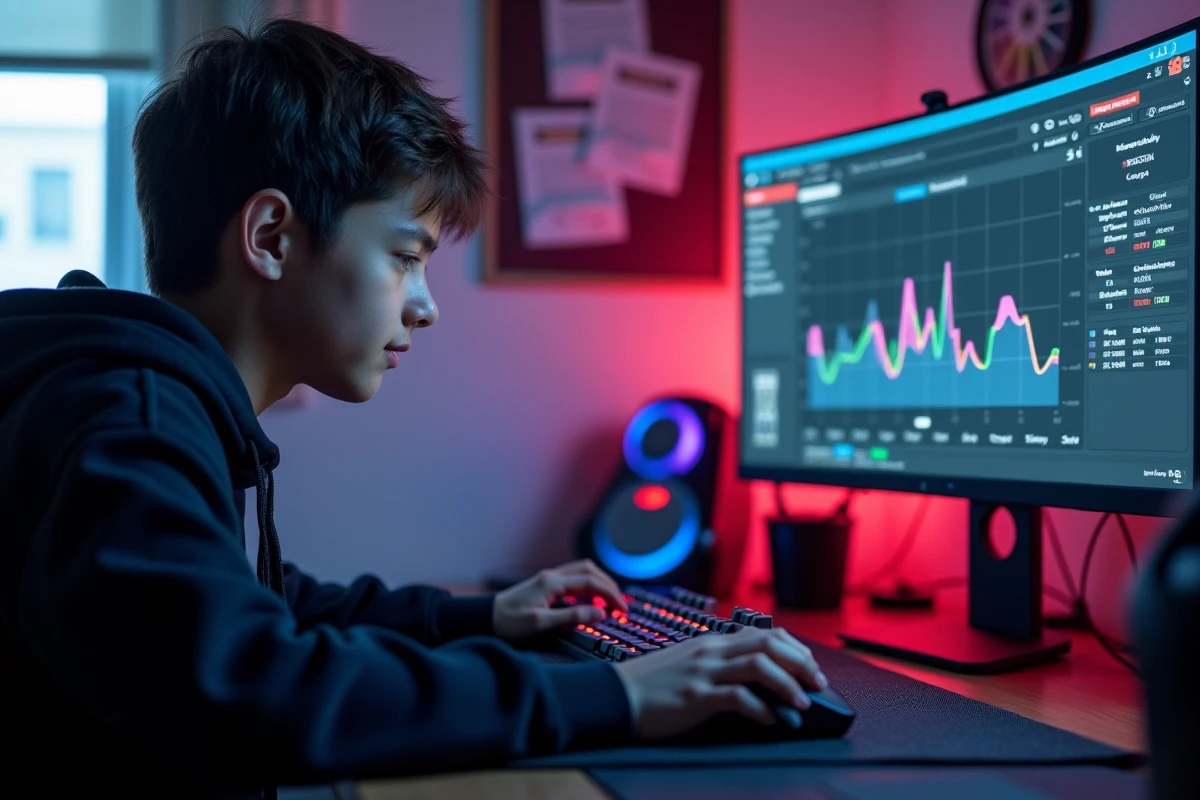 Adolescent dans une configuration gaming suivant ses statistiques de clics par seconde semaine après semaine sur un écran