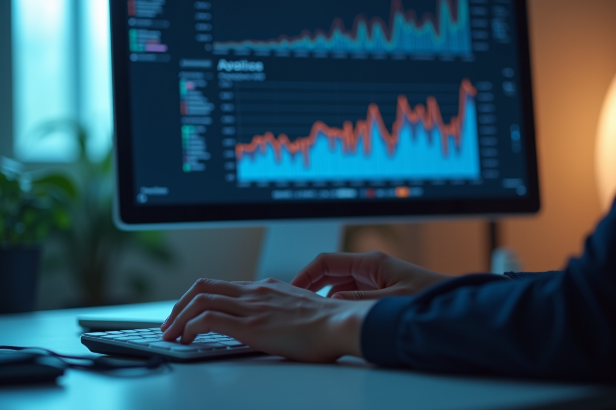 Écran affichant un tableau analytique avec mains au clavier