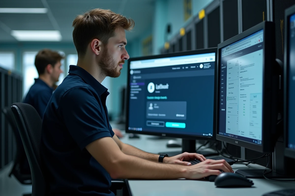 Technicien informatique configurant l'accès sécurisé au webmail académique dans une salle informatique d'établissement scolaire