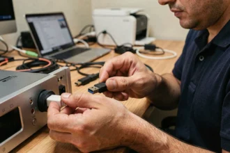 Technicien inspectant un connecteur USB B avant de le brancher sur une interface audio, erreur fréquente de branchement USB