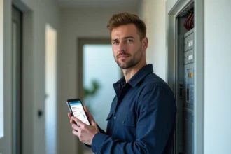 Technicien prestataire consultant le logiciel mobile Domatel sur smartphone lors d'une intervention à domicile