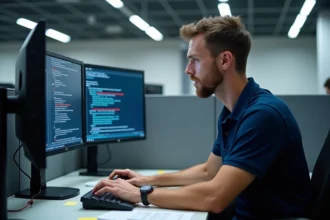 Technicien informatique troubleshootant un problème de proxy réseau sur un poste de travail en entreprise