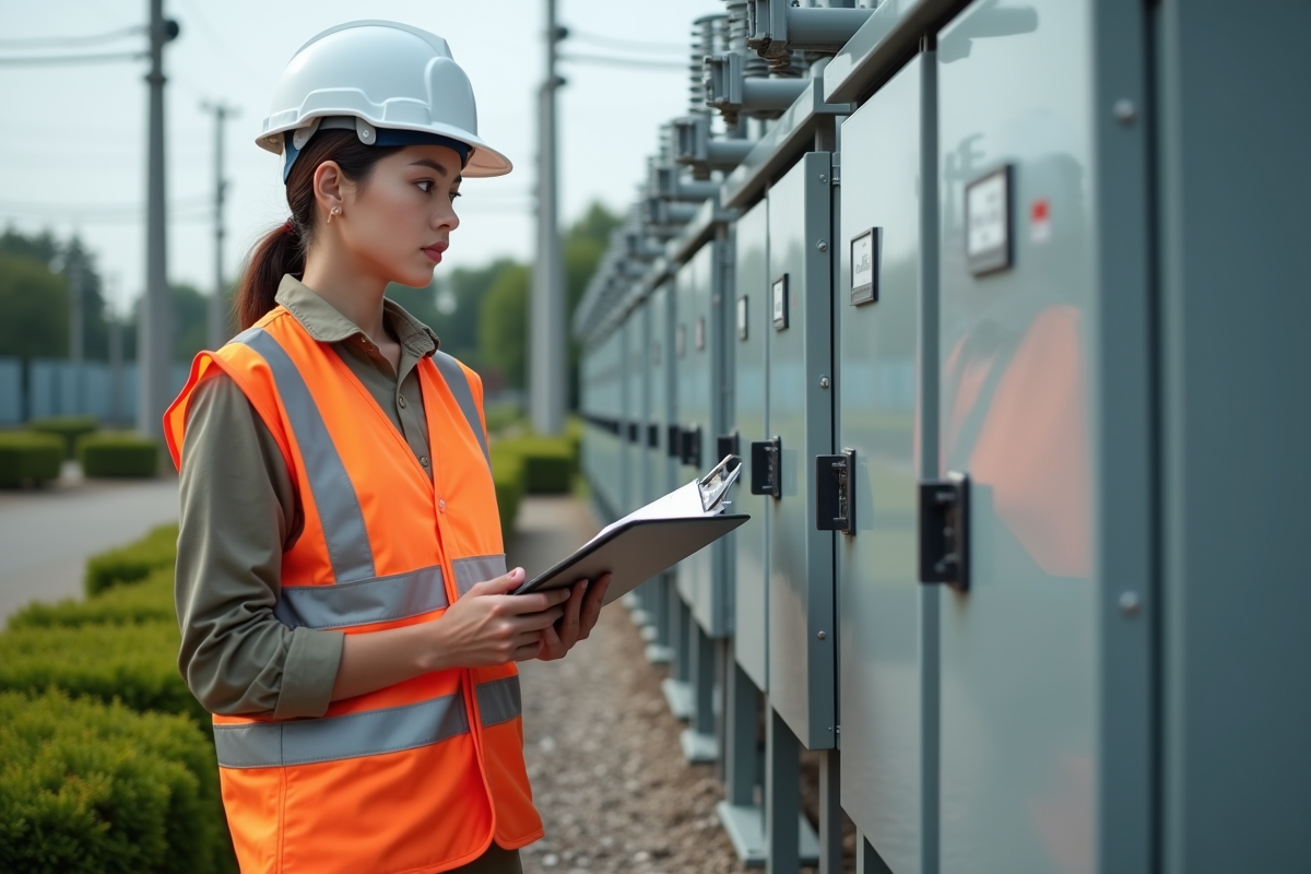 Jeune technicien vérifiant une boîte de jonction NFC 13200 en extérieur