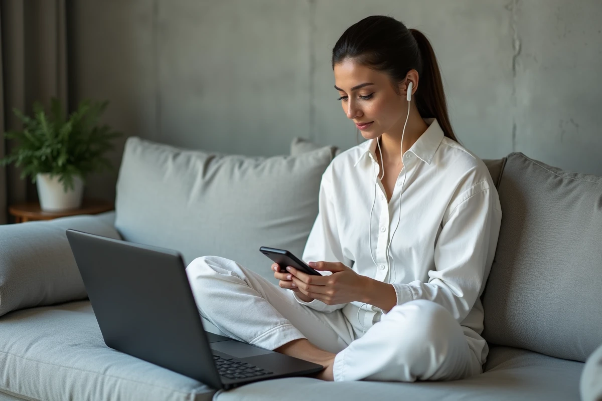 Femme téléchargeant discrètement une vidéo en ligne depuis son smartphone et son ordinateur portable dans un salon minimaliste