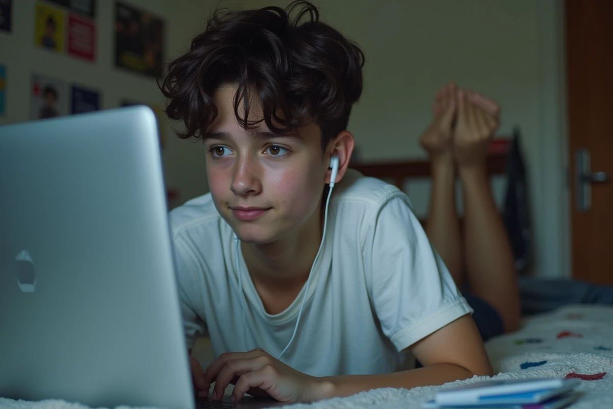 Adolescent allongé sur son lit en train de télécharger un fichier WAV depuis YouTube sur son ordinateur portable