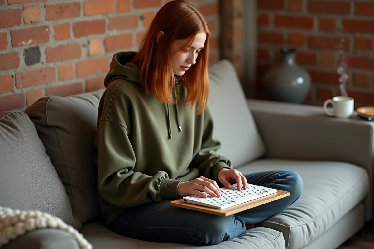 Jeune personne utilisant un clavier Apple Magic Keyboard sur un plateau en bois dans un salon cosy avec mur en briques