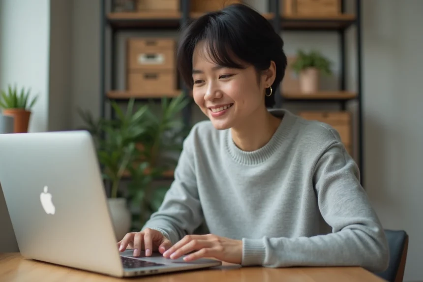 Femme utilisant la touche Shift sur un clavier MacBook Pro dans un bureau à domicile moderne