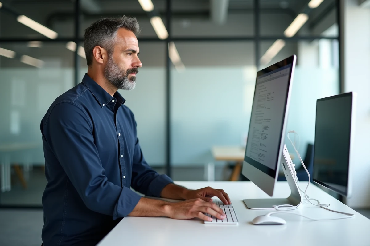 Homme utilisant un clavier Magic Keyboard Apple connecté à un iMac dans un bureau professionnel minimaliste