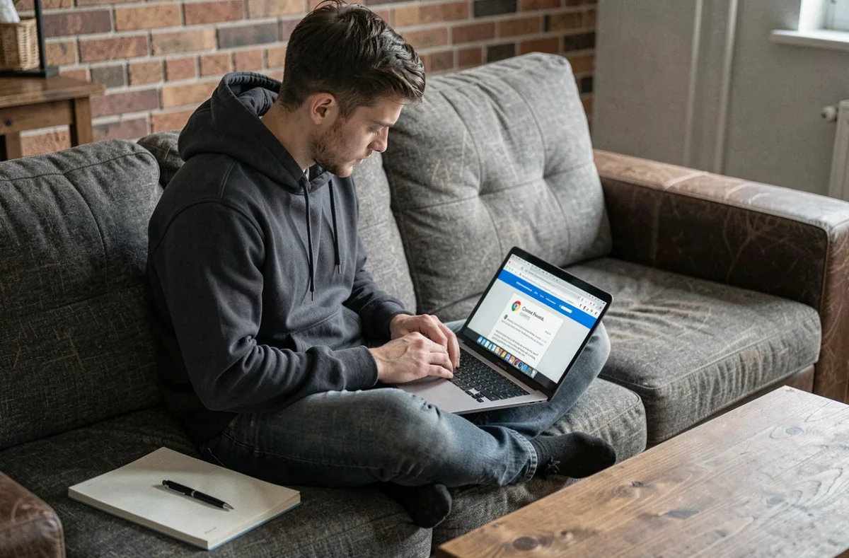 Jeune homme consultant un tutoriel de récupération de mots de passe Chrome disparus sur son ordinateur portable dans son salon