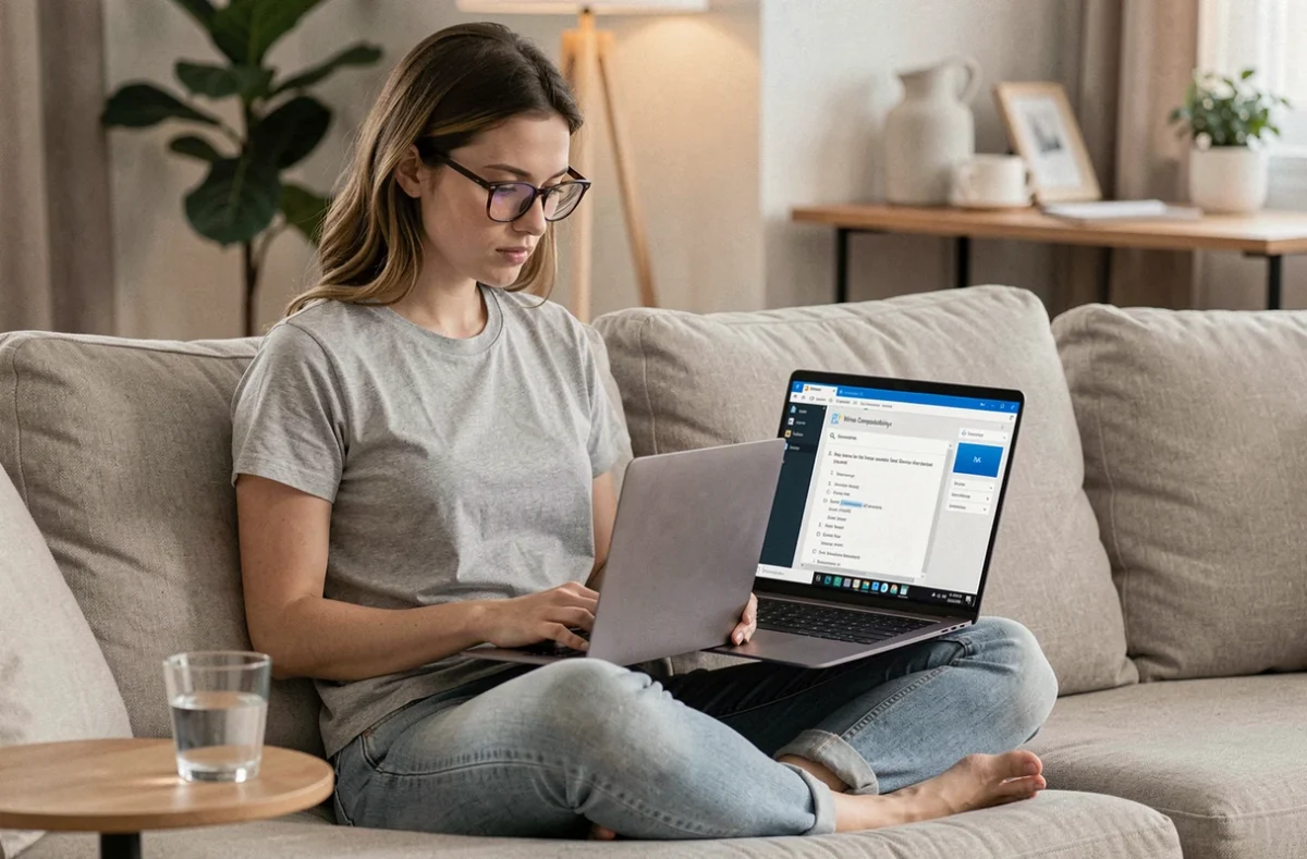 Jeune femme suivant un tutoriel d'installation de Wine 64 bits sur Windows 11 depuis son canapé