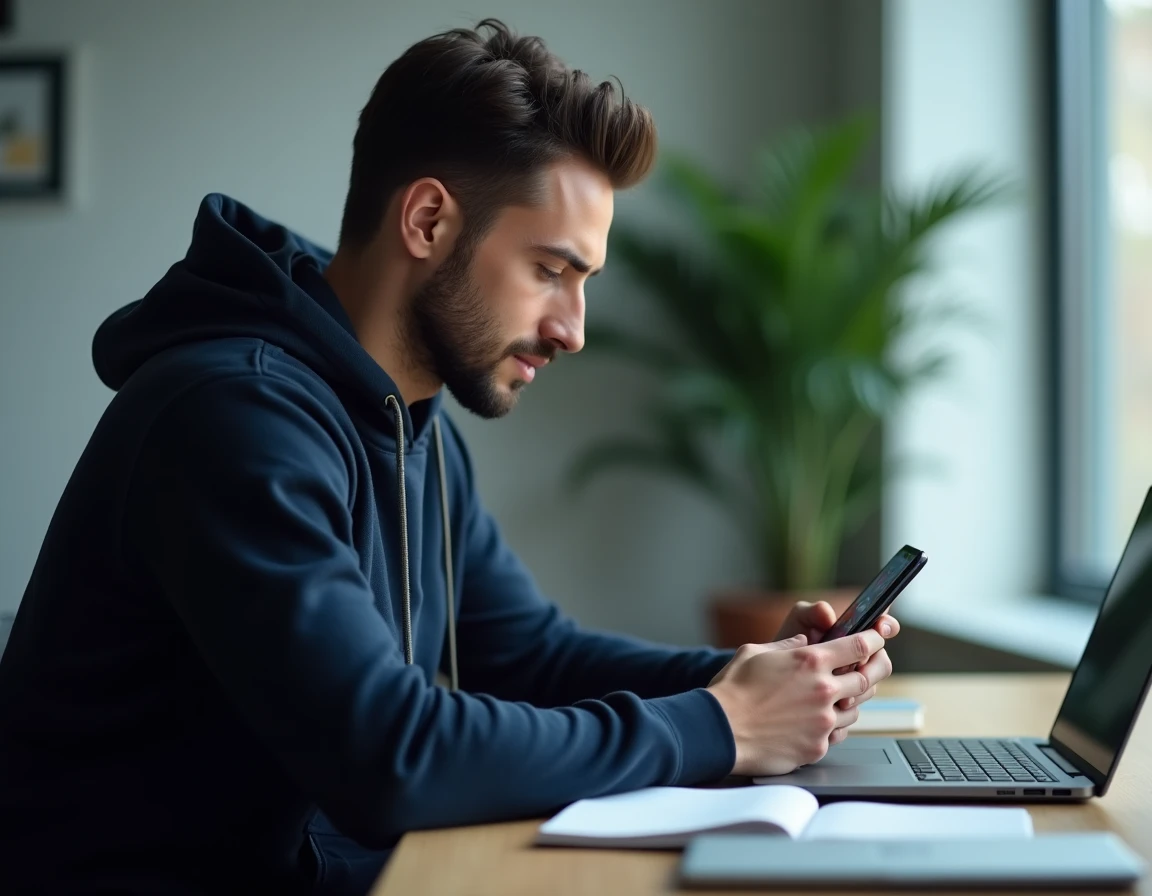Homme consultant des stories Instagram sur smartphone depuis un bureau à domicile