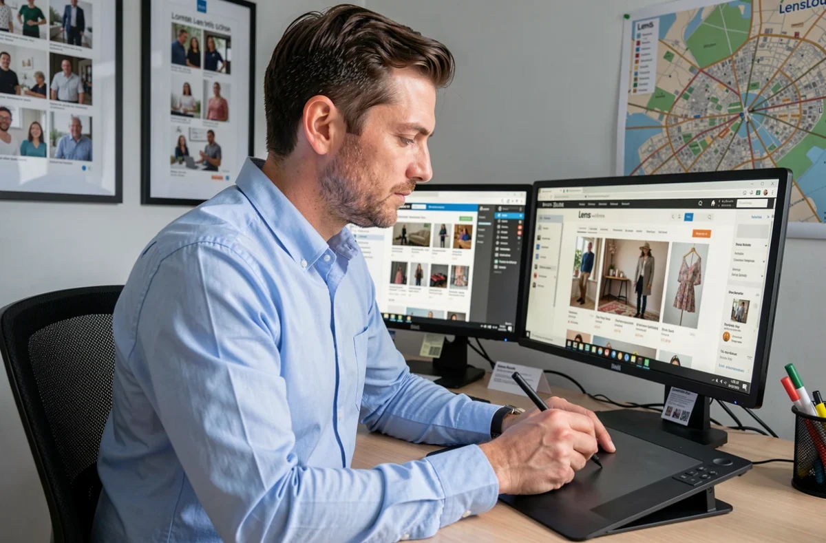 Designer web de Webagence Lens travaillant sur une maquette e-commerce avec une carte de la ville de Lens en arrière-plan